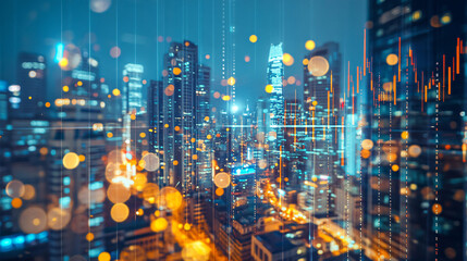 Aufkleber - Futuristic and dynamic cityscape at night with glowing lights and blurred skyscrapers, creating a vibrant atmosphere ideal for business and technology themes