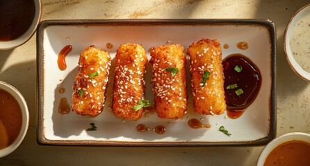 Delicious fried sesame chicken strips with dipping sauce on a white plate