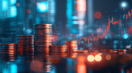 Poster - City skyline with growing stacks of coins and digital charts indicating economic expansion