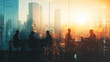 © Michael - Business professionals in a contemporary boardroom with a city skyline backdrop during sunset