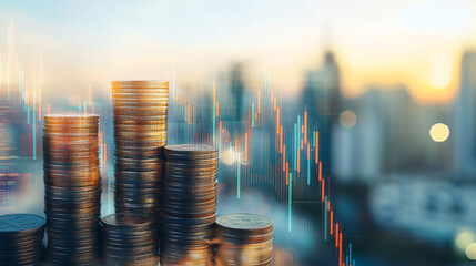 Poster - Coins stacking up with a backdrop of a stock market chart indicating positive financial growth