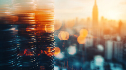 Poster - Coin stacks overlaid with modern city skyline and stock chart, representing investment and business growth concept