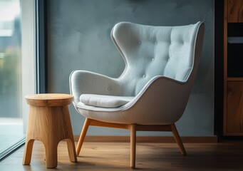 Cozy armchair and wooden stool in a modern living room with large window