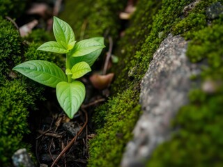 Close-up photo of vibrant green moss covering a wet rock in a lush forest setting, moss-covered, foliage