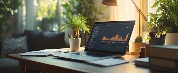 Aufkleber - Laptop open on desk with graph showing stock market growth.