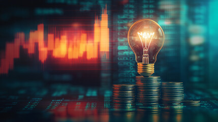 Poster - Glowing lightbulb is standing on increasing stacks of coins showing stock market data on a screen in the background