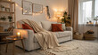 © Albaloshi - interior of a room sofa setting Serenity indoors: A plush sofa, soft throw, and the tranquil sight of autumn foliage.Chic interior design harmonizing with the seasonal beauty outside the window.