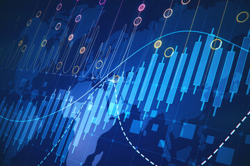 Poster - Perspective view on digital candlestick and world map silhouette on dark blue background, global economy concept. 3D rendering