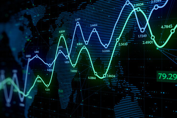 Canvas Print - International trading and investment concept with perspective view on digital bright green and blue growing graphs on dark background with world map. 3D rendering