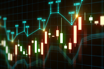 Poster - Forex market statistics, trading and analytics concept with perspective view on digital blue candlestick and stock market index data on abstract dark background. 3D rendering