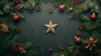 a festive arrangement with a central wooden star surrounded by a wreath-like border of evergreen branches. Scattered among the branches are red Christmas ornaments, pinecones, and small star-shaped de