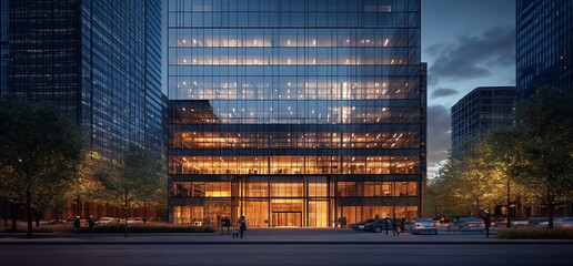 Poster - Modern glass skyscraper with illuminated windows and entrance at dusk.