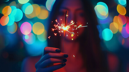 Woman holds sparklers on New Year's Eve, celebrating the holiday night with festive cheer and fun, surrounded by a beautiful bokeh of lights, embodying the spirit of celebration and happiness