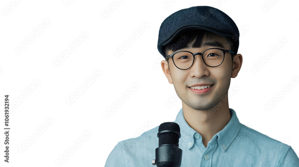 Asian male journalist holding microphone for live TV interview reporter ...