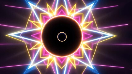 Poster - Colorful geometric circles with neon lights creating a starburst effect. 