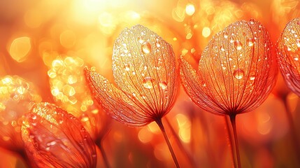 close-up of dewy flowers basking in warm sunlight.