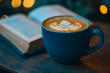 A blue coffee mug with latte art on top of an open book, placed on a table.