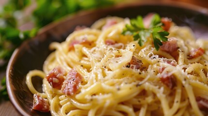 Freshly presented Spaghetti Carbonara for immediate enjoyment