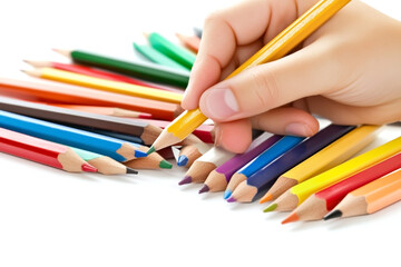 Childs hand holding a yellow colored pencil over a pile of colorful pencils, symbolizing creativity, art, and learning