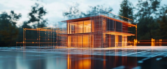 Poster - Modern house with a wireframe overlay in a 3D rendering.