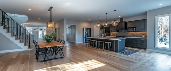 Poster - Modern kitchen and dining room with wooden floors and large windows.