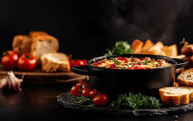 A rustic dish of baked vegetables in a black pot, garnished with herbs, accompanied by fresh tomatoes and bread, creating a cozy culinary scene.