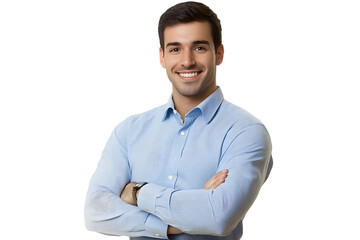 Sticker - Handsome smiling businessman in blue shirt standing with arms crossed