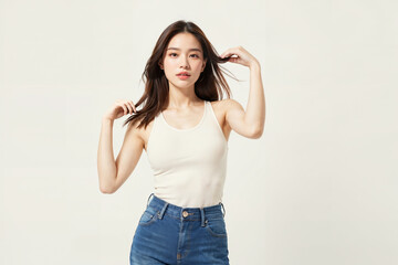 A woman is wearing a white tank top and blue jeans