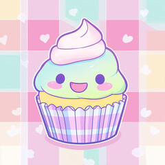 Cute kawaii cupcake illustration with pastel colors and cheerful expression in a playful setting