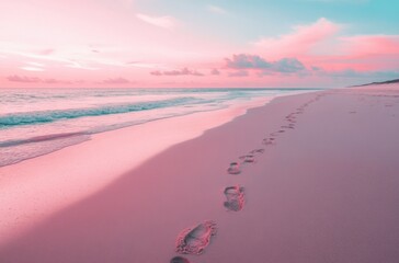 Poster - A photo of a pink beach with footprints leading to the ocean, featuring pastel colors and a sunset.