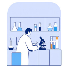 Scientific research. Scientist people wearing lab coats, science researches and chemical laboratory experiments. Chemistry clinic laboratories, microbiology pharmaceutical research vector illustration