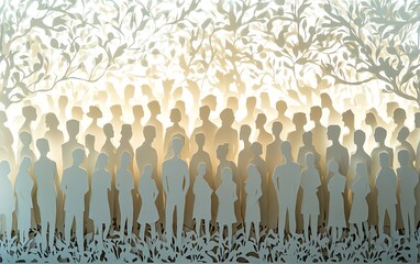 A detailed paper cutout representation of a large crowd standing together, embodying the essence of teamwork and cultural diversity in a visually appealing way