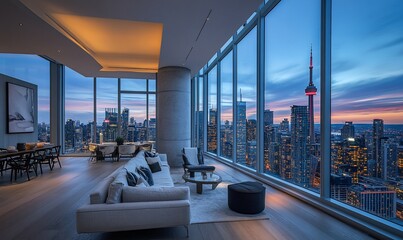 Poster - Modern living room with panoramic city views at sunset.