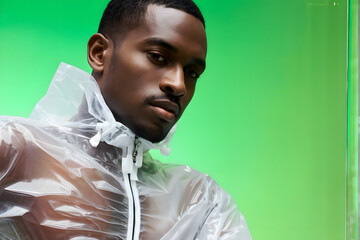 A man in a white jacket is standing in front of a green background