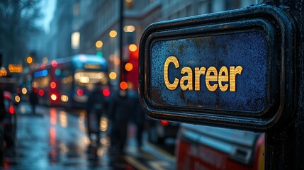 A bustling city street on a rainy day with a prominently lit sign displaying the word Career in the foreground and blurred double-decker buses in the background