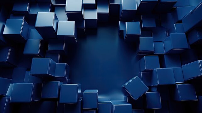 Deep blue monochrome 3D cubes forming a striking backdrop with an empty center, perfect for product or text display.