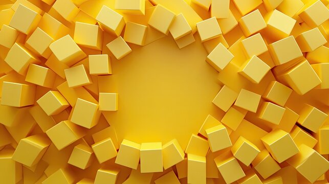 Dynamic yellow monochrome cubes in a 3D pattern, leaving space for product or text display in the center.