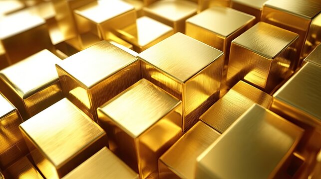 Luxurious gold monochrome 3D cubes creating a rich background with space for text or product displays in the center.