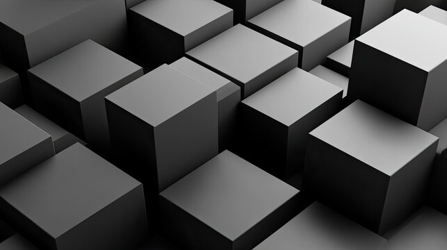 Monochromatic gray 3D cubes in a geometric arrangement, with a clear area for text or product displays.