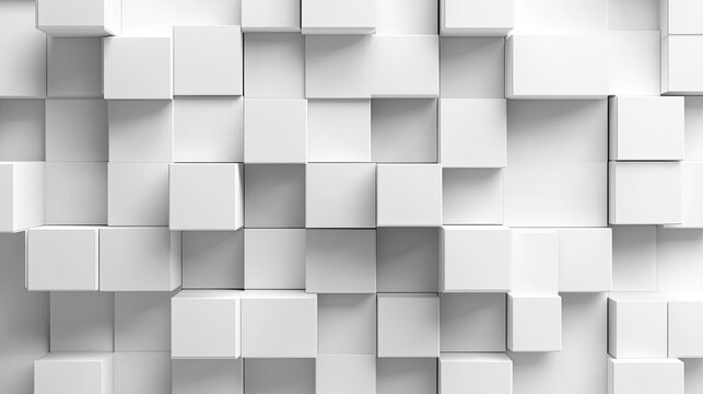 Monochromatic white 3D cubes with depth and shadows, offering a sophisticated background for text or product displays.