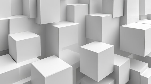 Monochromatic white 3D cubes with depth and shadows, offering a sophisticated background for text or product displays.