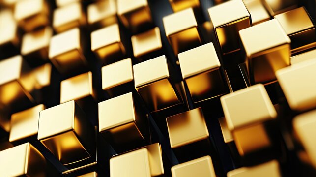 Monochrome gold 3D cubes creating a sophisticated background with a blank area for text or product displays.