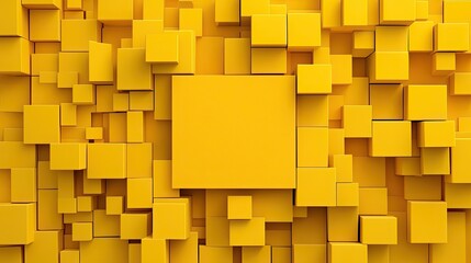 Poster - Yellow monochrome 3D cubes forming a textured pattern, with an empty section in the middle for text or product displays.