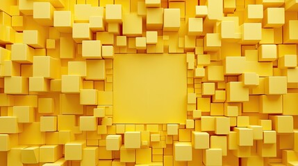 Poster - Yellow monochrome 3D cubes forming a textured pattern, with an empty section in the middle for text or product displays.