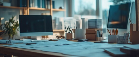 Poster - Modern office desk with a computer, papers, and office supplies.