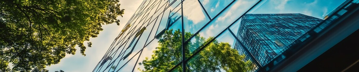 Poster - Modern glass skyscraper reflecting nature with green trees and blue sky : Generative AI