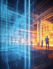Poster - Futuristic Technology Concept with Blue and Orange Digital Grid and People in Virtual Space : Generative AI
