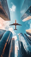 Poster - Commercial airplane flying above skyscrapers in modern city skyline : Generative AI
