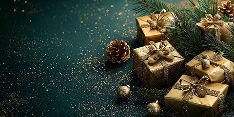 Poster - Elegant Golden Christmas Gifts with Pinecones and Glitter on Green Backdrop : Generative AI