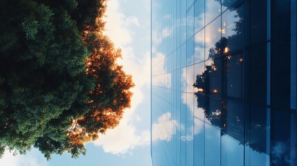 Poster - Majestic Urban Reflection of Lush Green Foliage on Modern Glass Skyscraper during Daytime : Generative AI